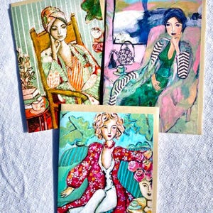 Damen-Trio von Denise Daffara Kunstkarten + Teezeremonie Mini-Kunstkarten, Feminine Blumen Stillleben-Blumen Damen kleine Gemälde Matisse