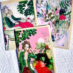 ピンクのデニス・ダッファラ アートカード トリオ + ティーセレモニー ミニ アートカード、女性らしい花柄、静物画、花、女性、小さな絵画、マティス