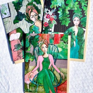 ピンクとグリーンのデニス・ダッファラ アートカード 3 枚セット + ティーセレモニー ミニ アートカード、フェミニンな花柄、女性用小品マティス絵画