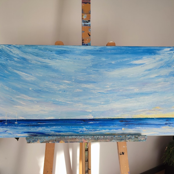 TABLEAU PAYSAGE OCEAN - "au bord de l'eau" - Peinture originale sur toile - Peinture marine à l'acrylique - Audrey Chal