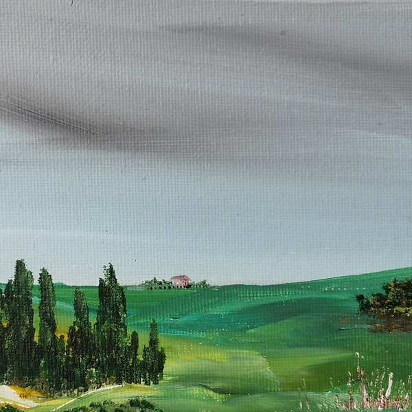 Mini peinture paysage - campagne -  nature - vert- Audrey Chal - decoration etagere - bureau - cadeau original