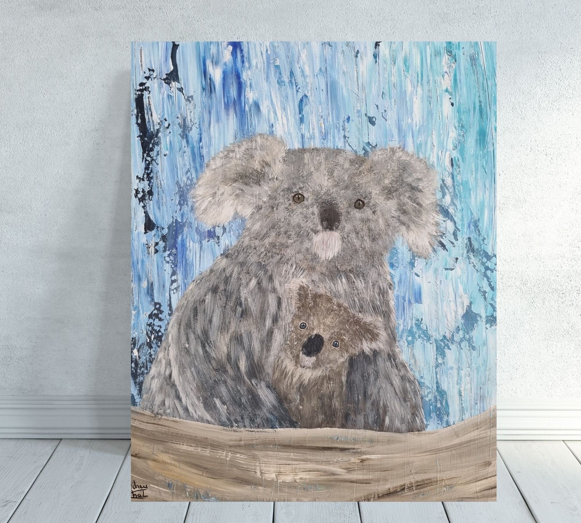 Peinture Animaliere Maman Koala et Son Bebe - Decoration Chambre Enfant Bureau Animaux Sauvages Pein