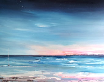 Tableau coucher de soleil sur l'ocean, paysage de Charente-maritine - par l'artiste peintre Audrey Chal - Peinture marine orginale