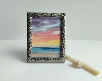 Small silver frame - sunset over the ocean - marine painting Charente-maritime - original hand painted painting - Audrey Chal