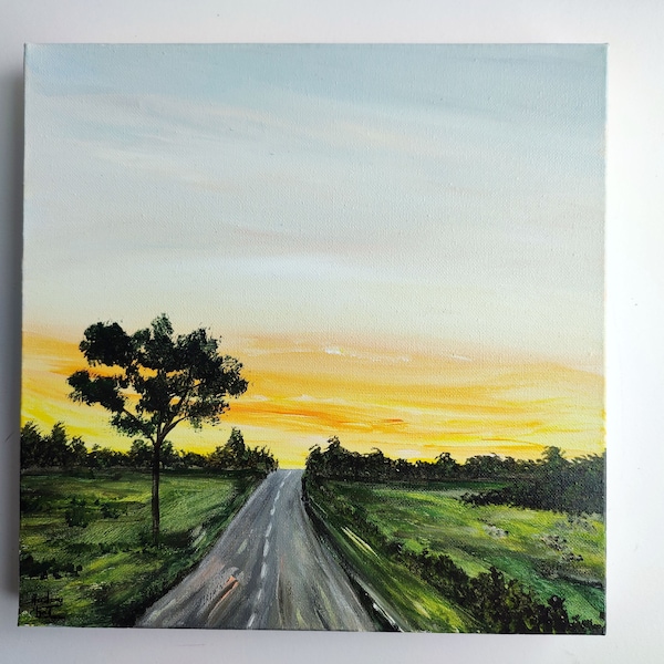 tableau paysage - la route des vacances au coucher de soleil en Charente-Maritime- peinture acrylique originale - Audrey Chal