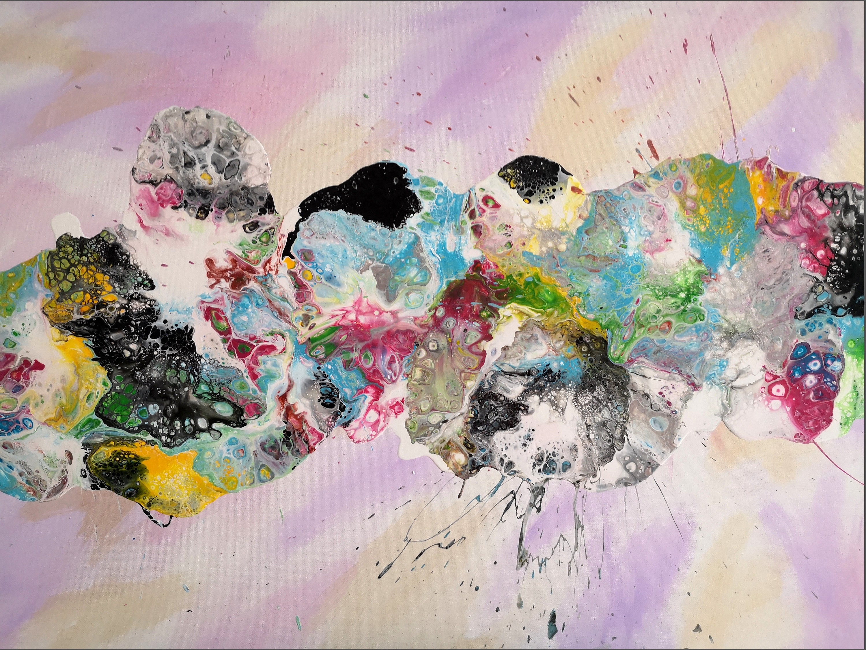 Grand Tableau Abstrait Dans Les Tons Rose, Vert, Or, Violet - Peinture Abstraite Moderne et Original