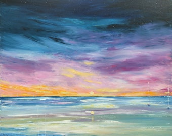 Colorful painting - sunset over the ocean - original marine painting - hand painted - Audrey Chal