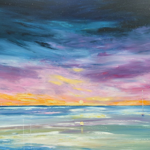 Tableau coloré -coucher de soleil sur l'océan - peinture marine originale - peinte à la main - Audrey Chal