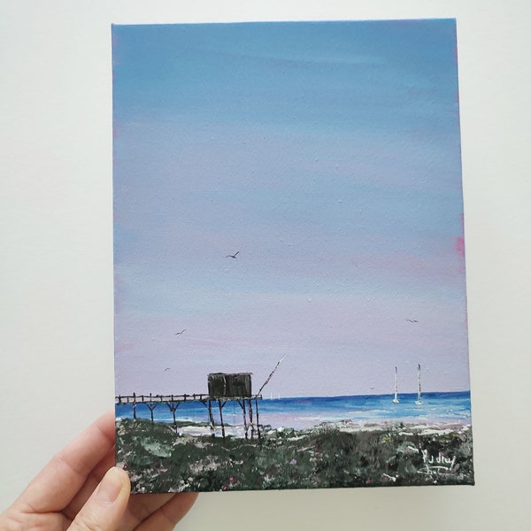 Petit tableau violet paysage ocean -Carrelet en Charente-Maritime- peinture acrylique originale - Audrey Chal - artiste peintre - France