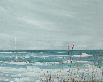 Tableau paysage marin -peinture originale - océan - Charente-Maritime  -Bleu - gris - voilier - artiste peintre Audrey Chal