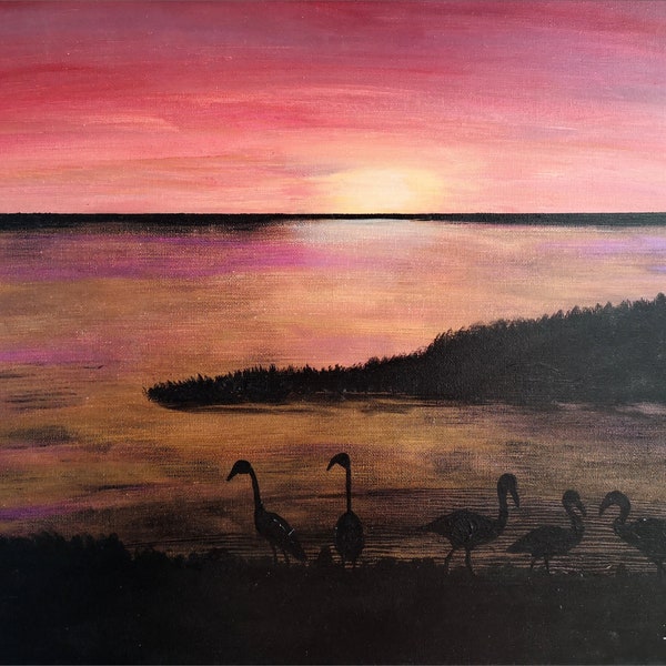 TABLEAU PAYSAGE - flamant rose - coucher de soleil -  Peinture originale sur toile - Peinture marine à l'acrylique - Audrey Chal