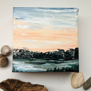 Petite peinture - coucher de soleil sur les marais - petit format - art original peint à la main - decoration  bibliothèque - Audrey Chal