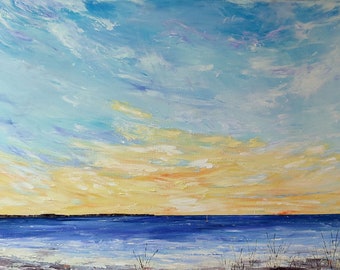 Tableau océan au coucher du soleil - plage, ciel - Peinture originale marine sur toile - Bleu - Jaune - grand tableau 60x80 cm - Audrey Chal