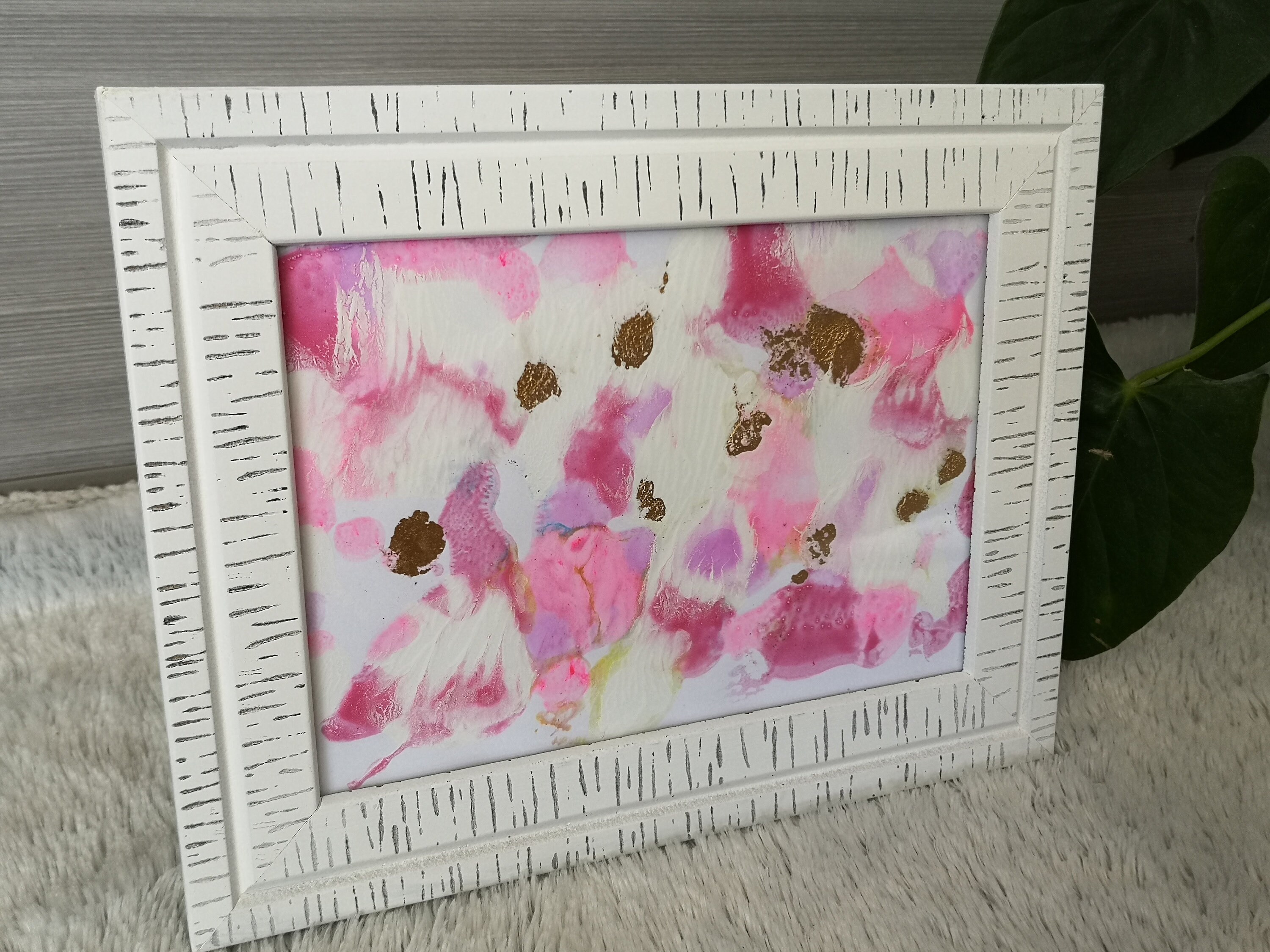 Peinture Abstraite avec Son Cadre en Bois Blanc - Florale Romantique Decoration Bureau Salon Par Aud