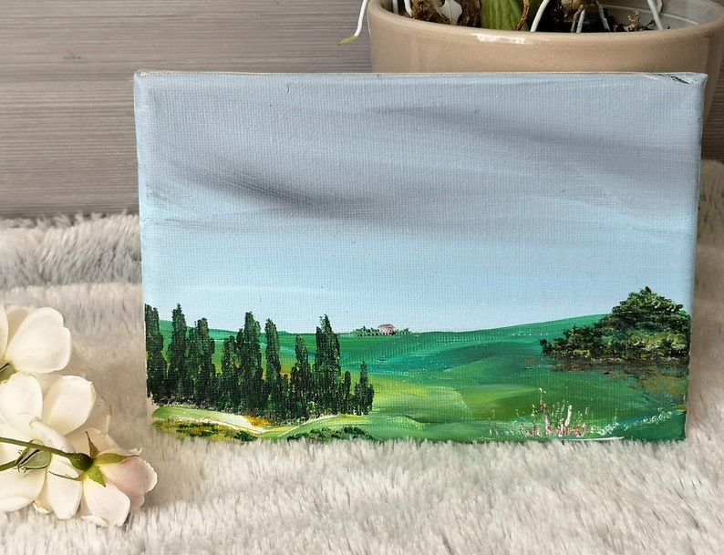 Mini peinture paysage campagne nature vert Audrey Chal decoration etagere bureau cadeau original image 2