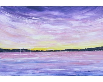 Tableau paysage - coucher de soleil - marine -  violet - rose - Peinture marine - ocean - voiliers en Charente Maritime