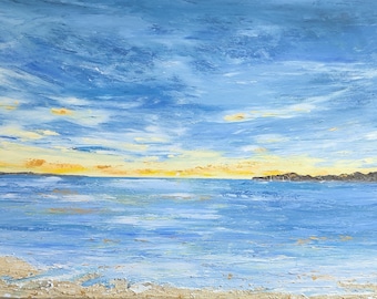 Tableau océan au coucher du soleil - Charente-Maritime - plage, ciel - Peinture originale marine sur toile - Bleu - Jaune  - Audrey Chal