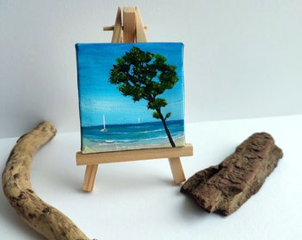 Mini peinture océan bleu et arbre  - collection un coin de paradis - Audrey Chal - décoration étagère  - small art