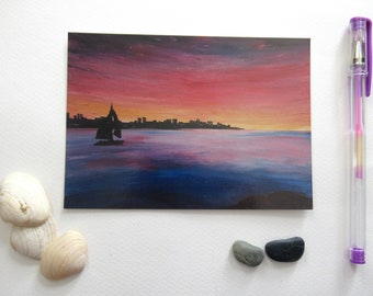 Carte postale océan, peinture marine, carte originale, voiliers et coucher de soleil, photo d'art