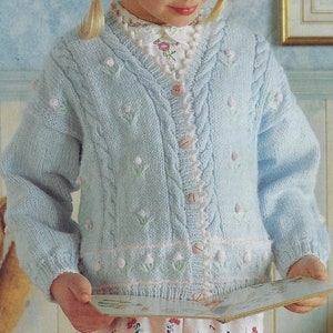 Girl&#39;s Floral Cardigan & Sweater knitting pattern DK 8 ply yarn or wool 20-30 inch 51-76 cm chest PDF Instant Digital Download Post Free
