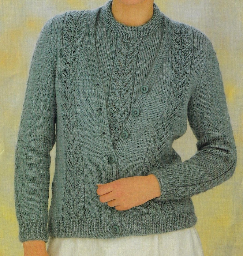 Women's Lace Panel Twinset knitting pattern DK 8 ply yarn or wool 32-40 inch chest PDF Instant Digital Download Post Free image 1