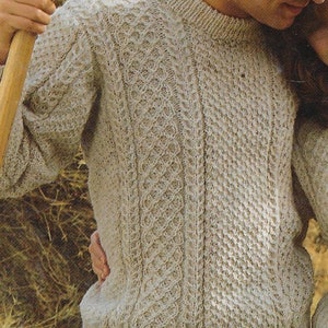 Puede incluir: Un suéter de punto beige con un patrón de trenza. El suéter tiene cuello redondo y mangas largas.