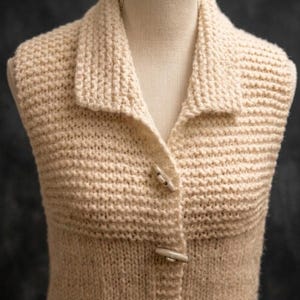 May include: Cream-coloured knitted vest with a collared neckline and wooden toggle buttons. The vest is displayed on a mannequin, showcasing its textured knit design. A classic, handmade garment.