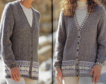Women's V Neck Cardigan with Fairisle Bands knitting pattern DK 8 ply yarn or wool 32-42 inch bust PDF Instant Digital Download Post Free
