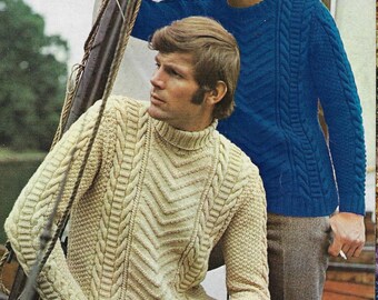 Men's Cable Aran Sweater vintage knitting pattern DK 8 ply yarn or wool 38-42 inch 96-107 cm chest PDF Instant Digital Download Post Free