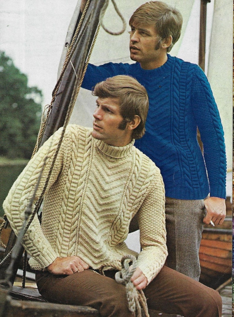 Men's Cable Aran Sweater vintage knitting pattern DK 8 ply yarn or wool 38-42 inch 96-107 cm chest PDF Instant Digital Download Post Free image 1