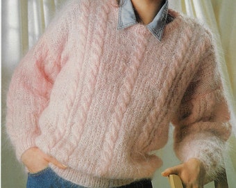 Women's Cable & Rib Mohair Sweater knitting pattern 12 ply triple yarn or wool 30-44 inch bust PDF Instant Digital Download Post Free