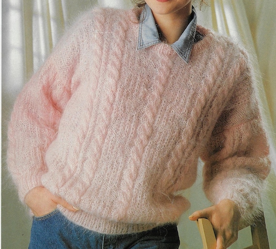 Women's Cable & Rib Mohair Sweater Knitting Pattern 12 Ply
