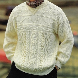 Men&#39;s Cable Aran Sweater knitting pattern 10 ply yarn or wool 36-44 inch chest PDF Instant Download Post Free