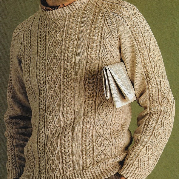 Men's Aran Style Sweater knitting pattern 5 ply yarn or wool Sizes 14-20 PDF Instant Digital Download Post Free