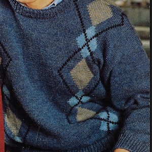 Men's & Women's ARGYLE Sweater knitting pattern DK 8 ply yarn or wool 30-46 inch 75-115 cm chest PDF Instant Digital Download Post Free