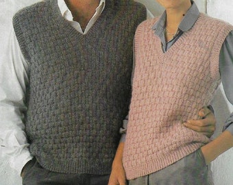 Men&#39;s & Women&#39;s Basketweave Vest Knitting Pattern DK 8 ply yarn or wool 32-42 inch 80-105 cm chest PDF Instant Digital Download Post Free
