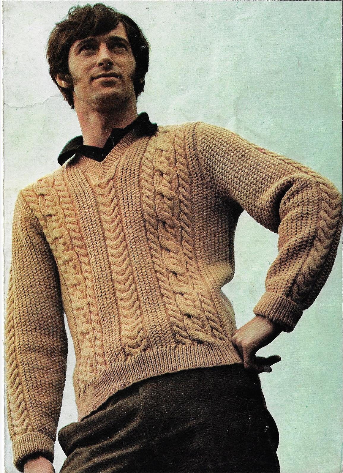 Men's Cable Aran V Neck Sweater Knitting Pattern DK 8 Ply - Etsy