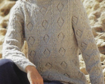 Women&#39;s Diamond Lace Sweater knitting pattern DK 8 ply yarn or wool 32-42 inch bust PDF Instant Digital Download Post Free