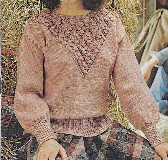 Women's Bobble Yoke Sweater Knitting Pattern DK 8 Ply Yarn