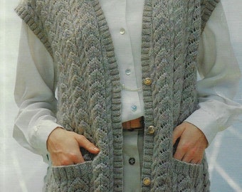 Women's Cable Lace Vest with Pockets knitting pattern DK 8 ply yarn or wool 32-40 inch 80-100 cm bust PDF Instant Digital Download Post Free
