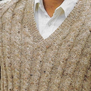 Men&#39;s V Neck Cable Aran Sweater knitting pattern DK 8 ply yarn or wool 36-44 inch PDF Instant Digital Download Post Free