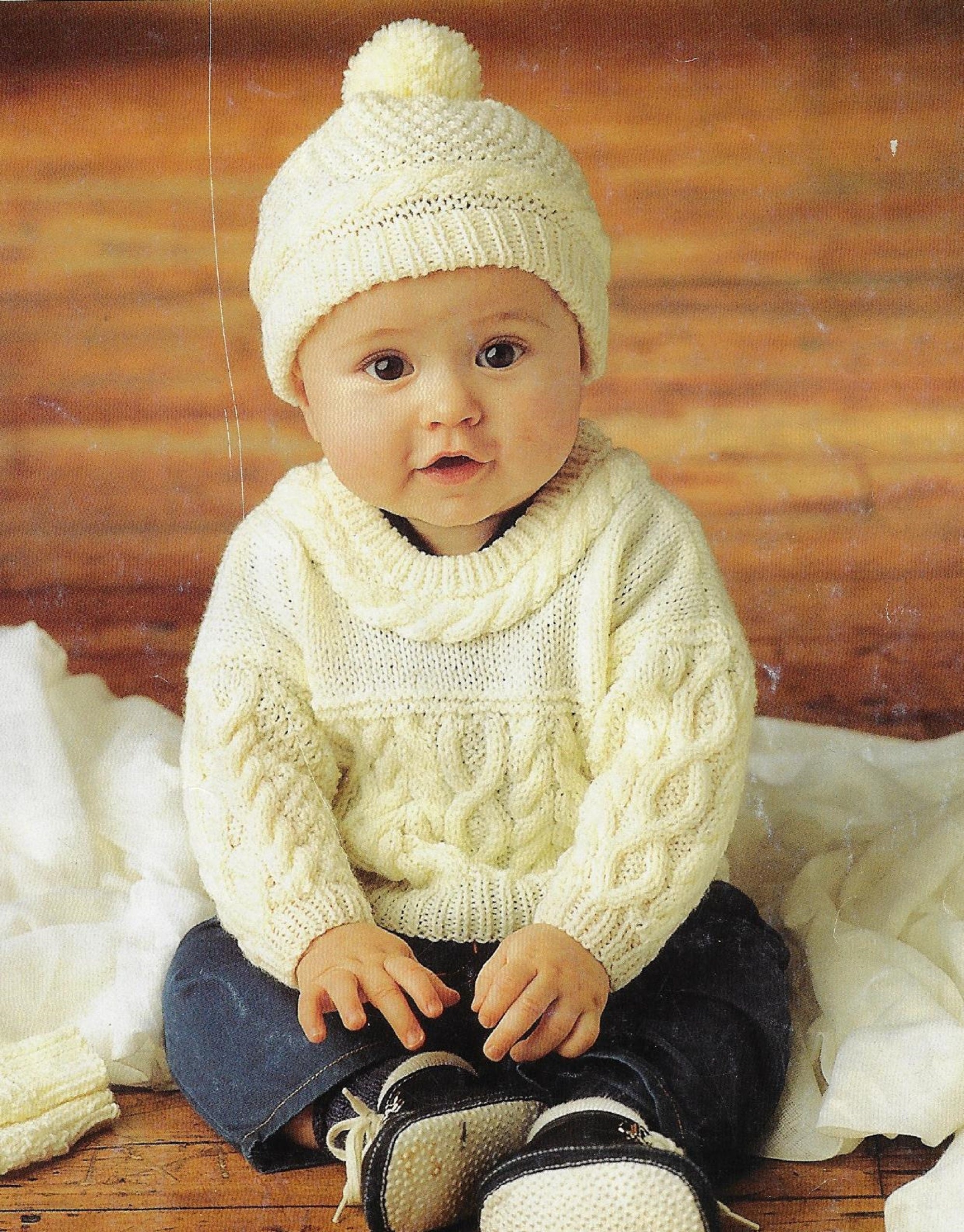 Baby's Cable Aran Sweater Hat & Mittens knitting pattern DK 8 ply yarn or wool 16-22 inch 41-56 cm chest PDF Instant Download Post Free