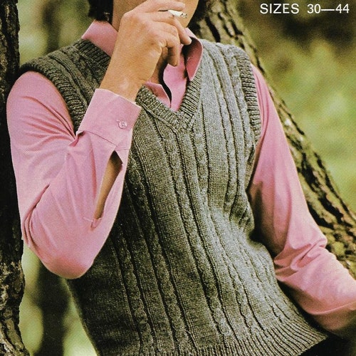 Men's V-neck Cable Slipover Vest Knitting Pattern 4 Ply or - Etsy