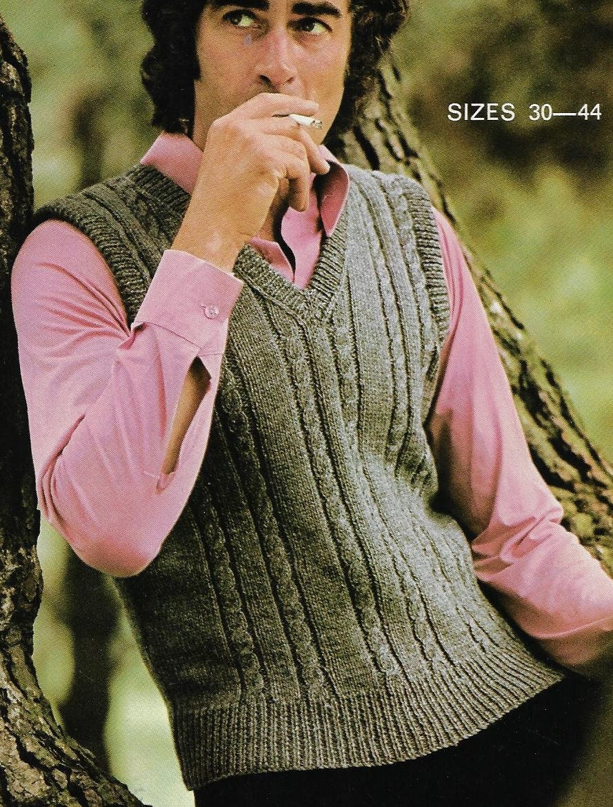 Men's V-neck Cable Slipover Vest Knitting Pattern 4 Ply or | Etsy