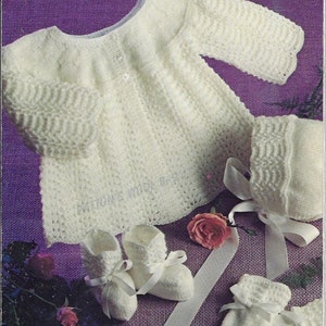 Baby Feather & Fan Yoked Matinee Jacket Bonnet + Booties knitting pattern 3 ply yarn or wool 18-20 inch chest PDF Instant Download Post Free