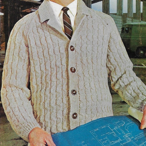 Men's Cable Cardigan with Collar vintage knitting pattern DK 8 ply yarn 34-44 inch 86-110 cm chest PDF Instant Digital Download Post Free