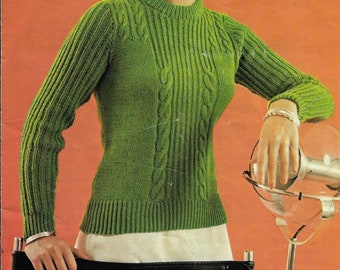 Women's Rib & Cable Fitted Sweater vintage knitting pattern DK 8 ply yarn or wool 80-95 cm bust PDF Instant Digital Download Post Free