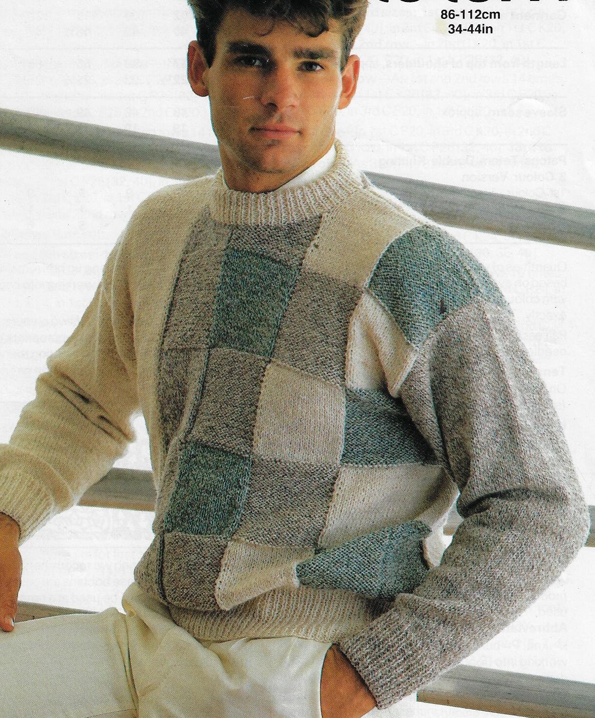 Men's Colour Block Sweater Knitting Pattern DK 8 Ply Yarn or