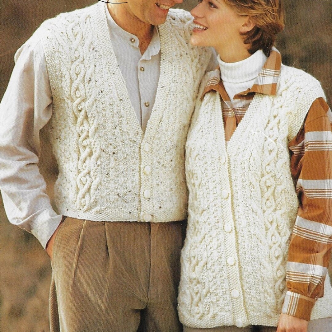 Men's & Women's Aran Waistcoat Knitting Pattern 10 Ply Yarn or Wool 32