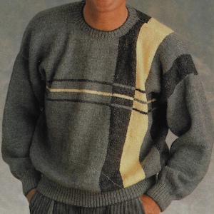 Men&#39;s Geometric Stripe Sweater knitting pattern DK 8 ply yarn or wool 38-46 inch 96-117 cm chest PDF Instant Digital Download Post Free